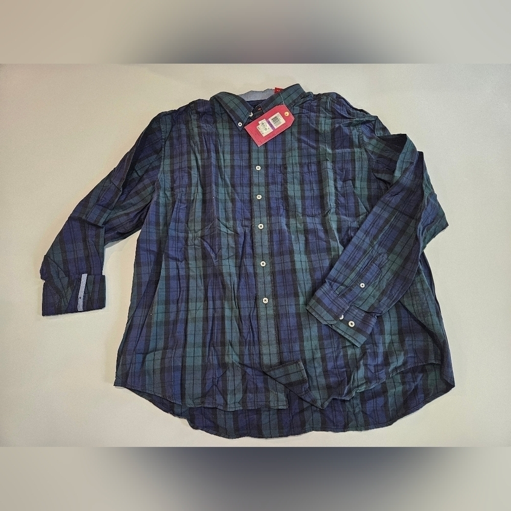 NEW IZOD Men 2XL Long Sleeve Shirt Green Blue Check Plaid Flip Cuffs Button Down